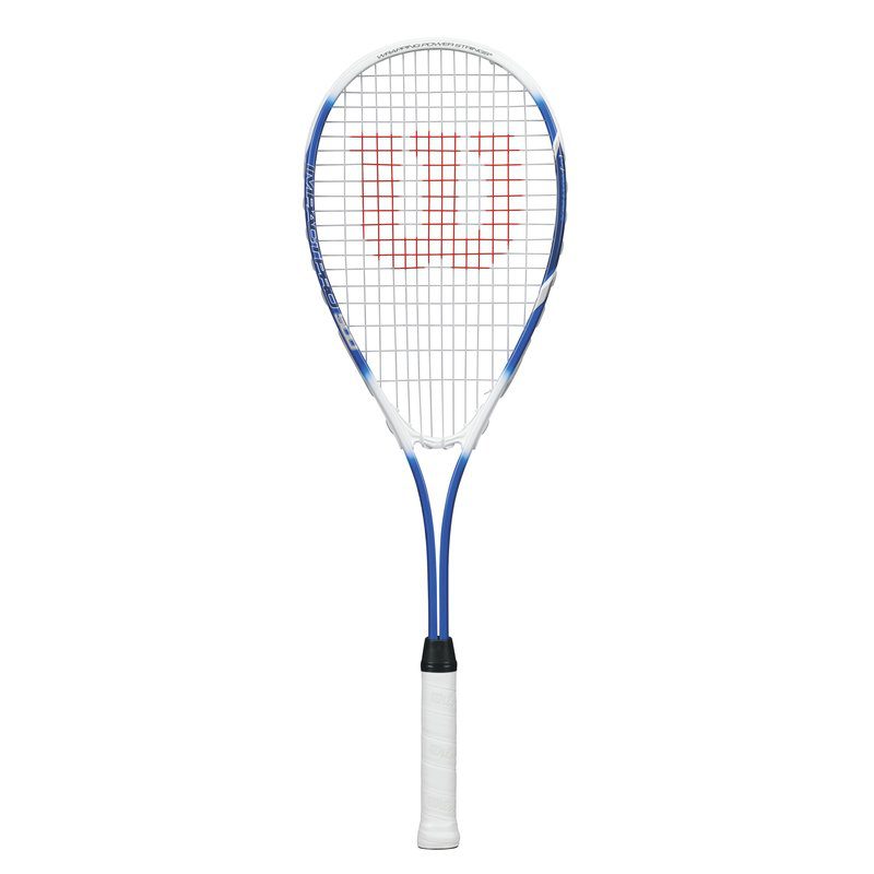 Blue and white squash racket